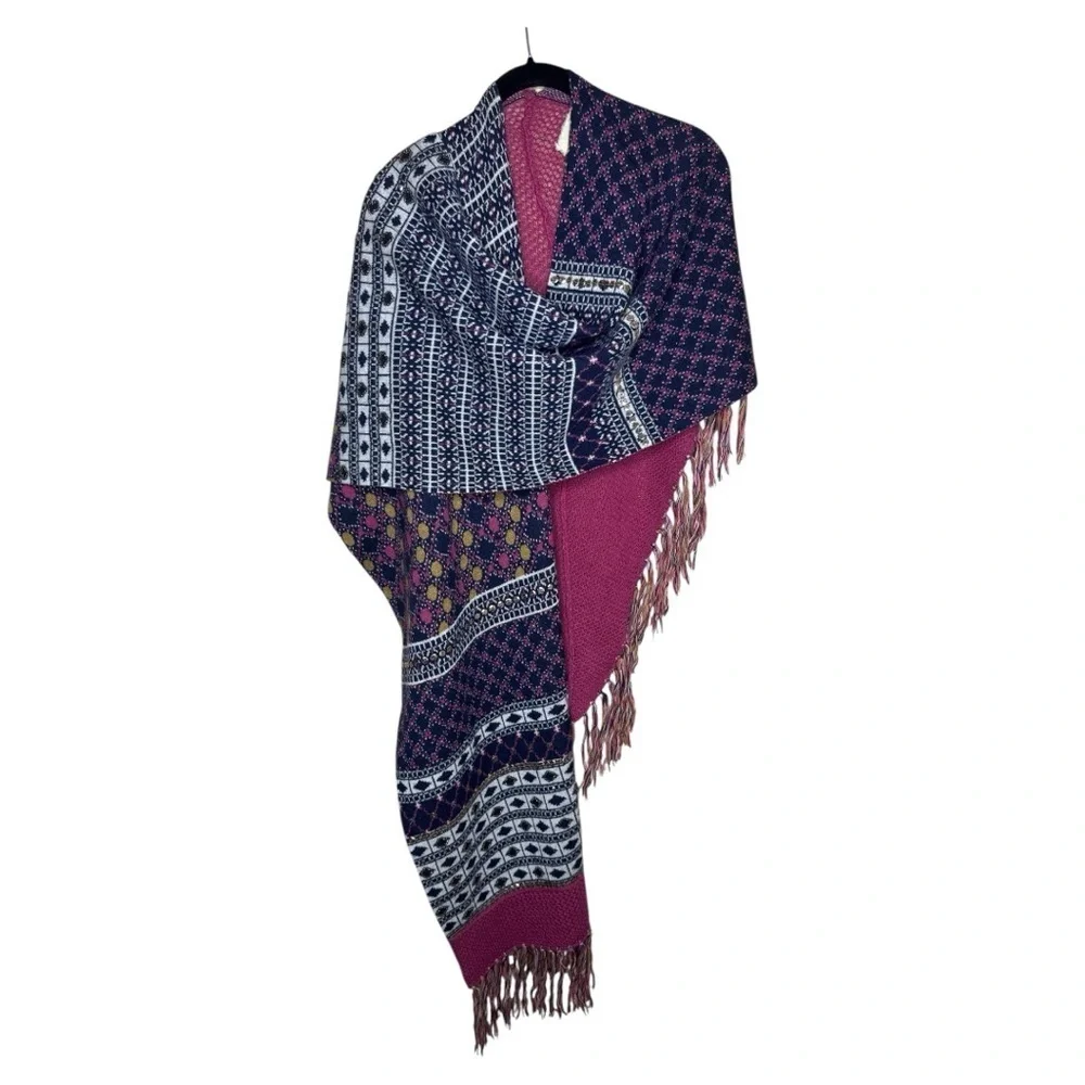 Anthropologie Angel of the North Patchwork Fringe Wrap Poncho Shawl One Size